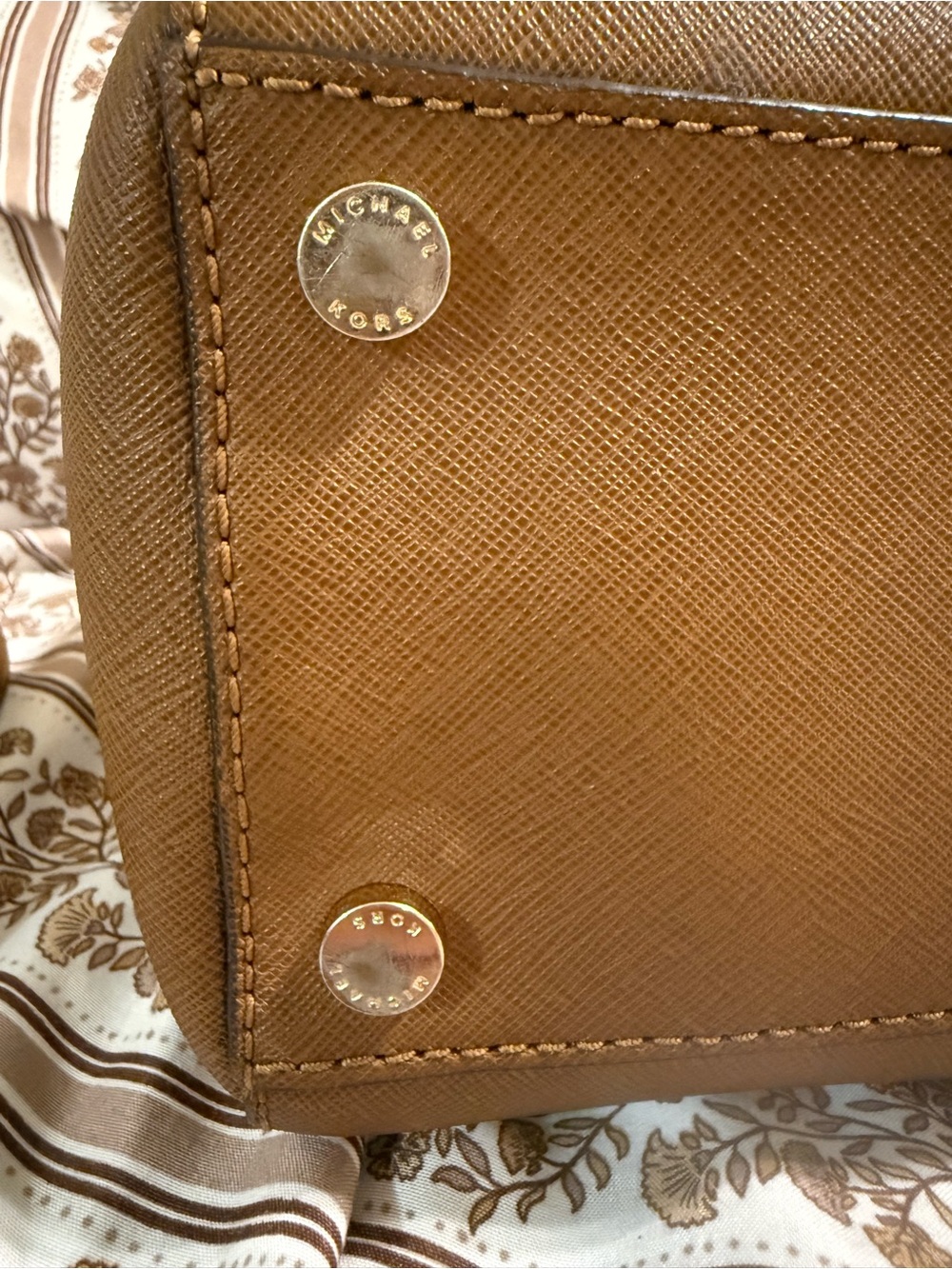 Michael Kors Tan Saffiano Leather Studded Satchel with Detachable Strap - Picture 10 of 10